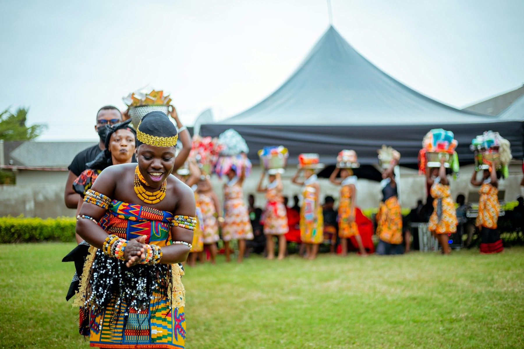 Performers in traditional dress at a Ghanaian festival